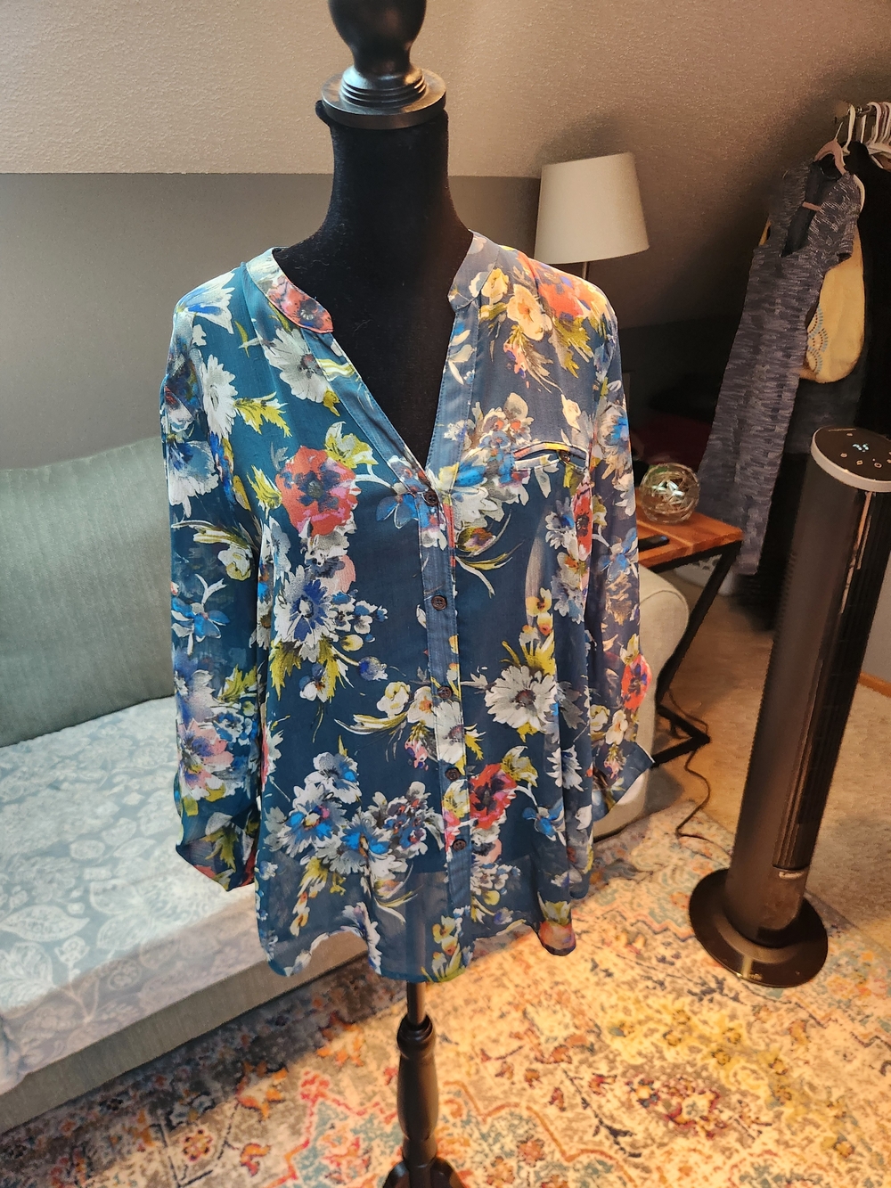 Kut from the Kloth Teal Floral Button-Front Blouse Sheer Medium